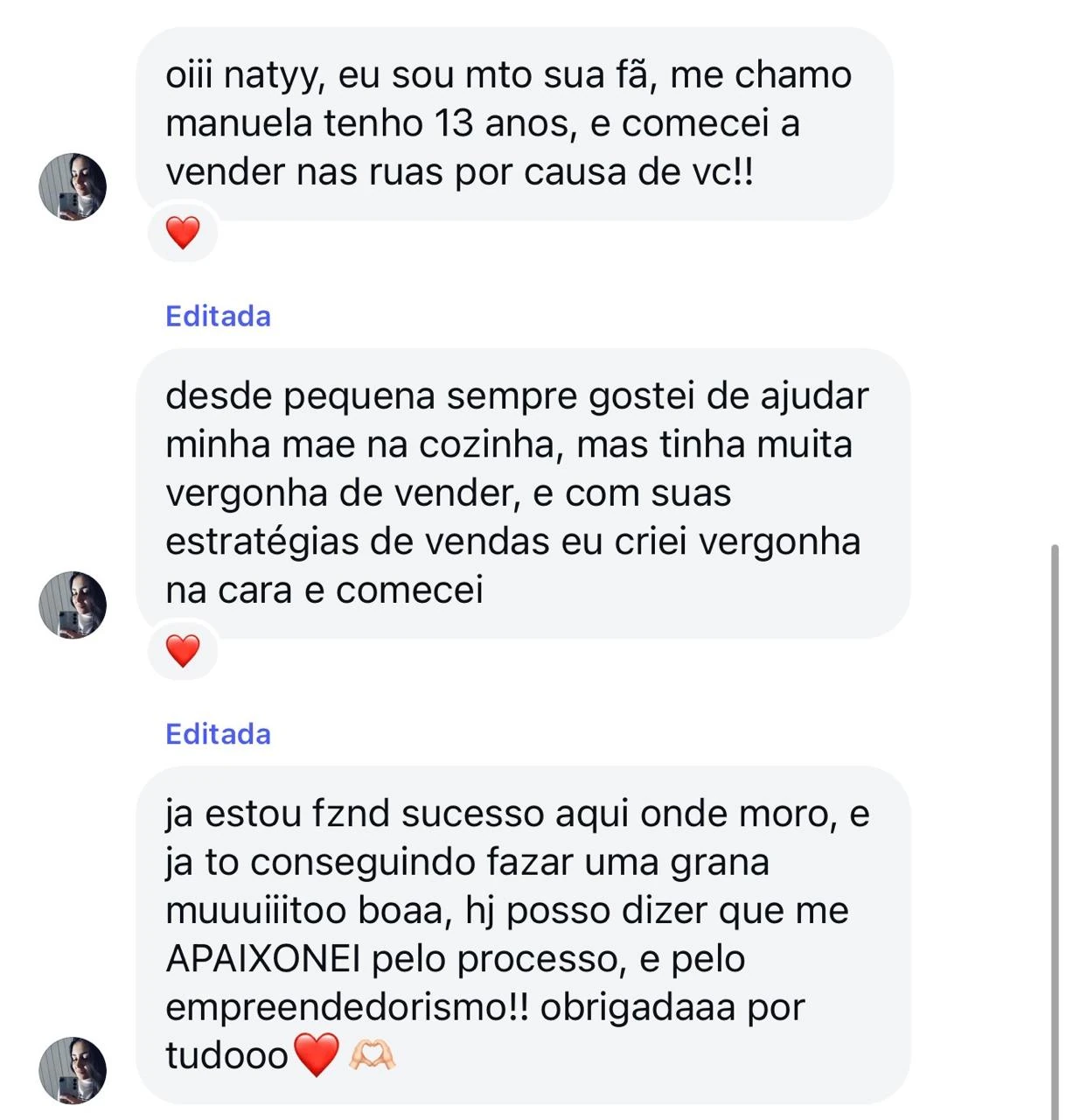 Print de mensagem de aluna contando que começou a vender nas ruas e criou confiança