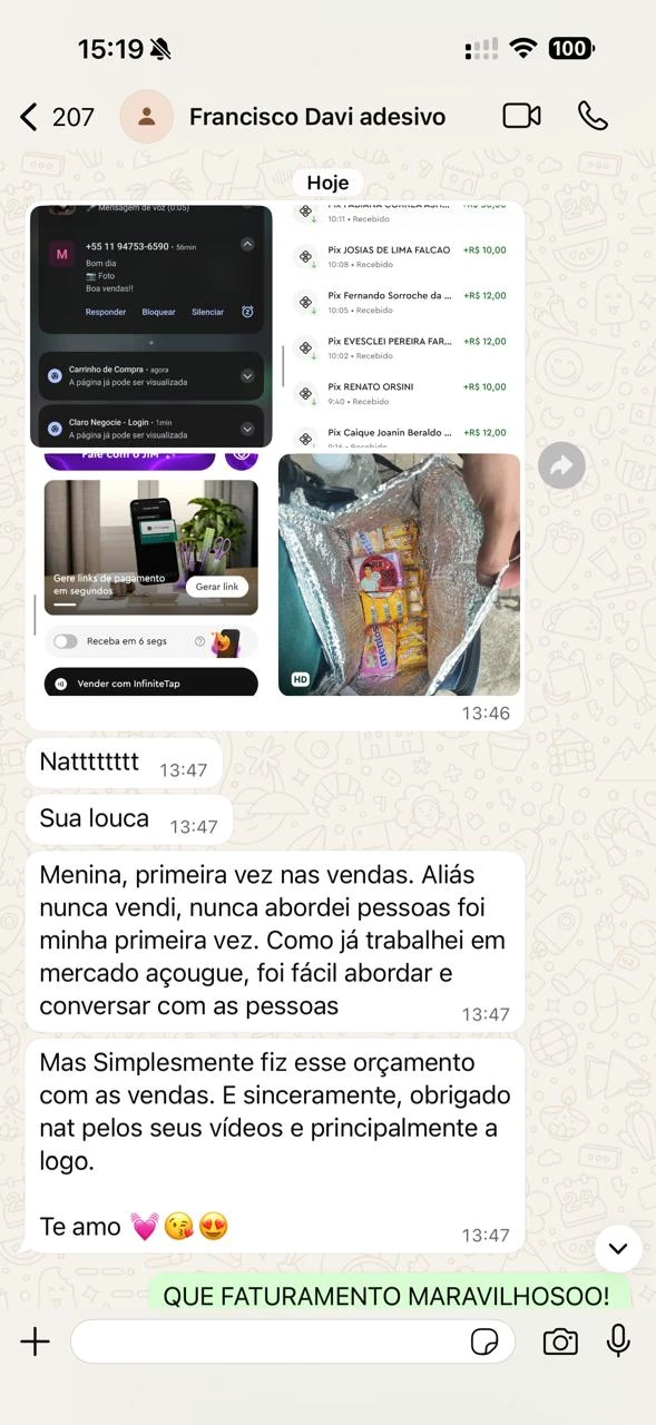 Print de conversa com aluno mostrando vários Pix recebidos em um dia de venda