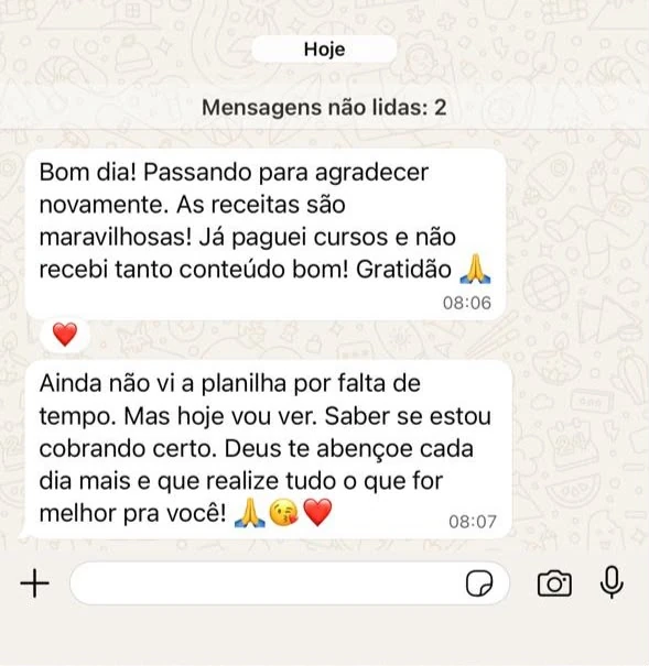 Print de mensagem de aluna agradecendo pelo conteúdo e receitas